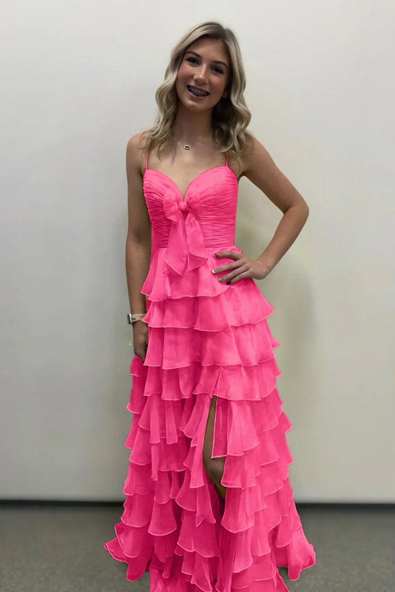 Jensyn | A Line Spaghetti Straps Yellow Long Prom Dress with Ruffles