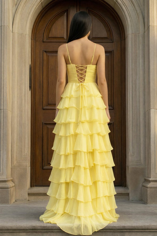 A Line Spaghetti Straps Yellow Long Prom Dress with Ruffles - KissProm