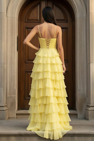 A Line Spaghetti Straps Yellow Long Prom Dress with Ruffles - KissProm