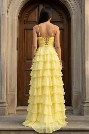 A Line Spaghetti Straps Yellow Long Prom Dress with Ruffles - KissProm
