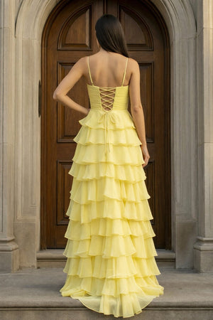 A Line Spaghetti Straps Yellow Long Prom Dress with Ruffles - KissProm