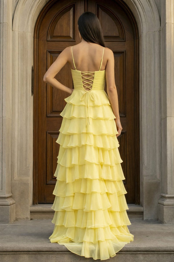 A Line Spaghetti Straps Yellow Long Prom Dress with Ruffles - KissProm