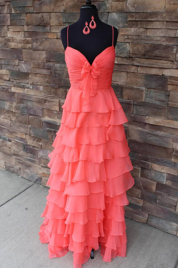 Jensyn | A Line Spaghetti Straps Yellow Long Prom Dress with Ruffles