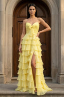 A Line Spaghetti Straps Yellow Long Prom Dress with Ruffles – Prom Dresses by KissProm | Available at KissProm