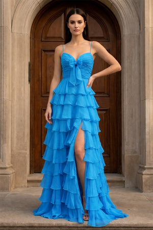 A Line Spaghetti Straps Yellow Long Prom Dress with Ruffles - KissProm