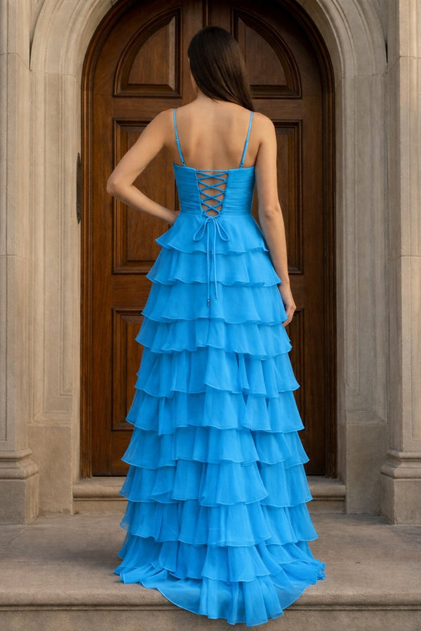 A Line Spaghetti Straps Yellow Long Prom Dress with Ruffles - KissProm