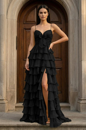 A Line Spaghetti Straps Yellow Long Prom Dress with Ruffles - KissProm