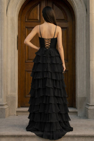 A Line Spaghetti Straps Yellow Long Prom Dress with Ruffles - KissProm