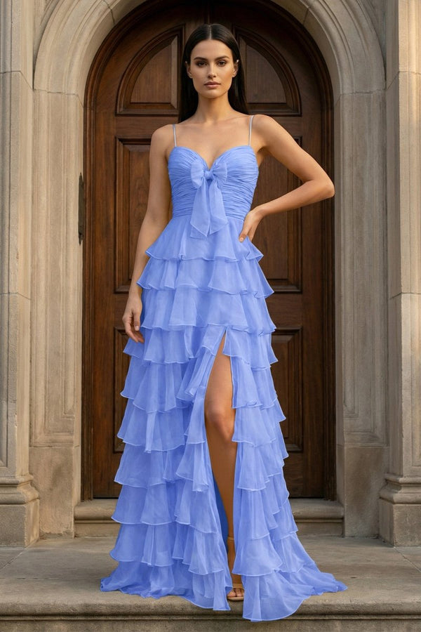 A Line Spaghetti Straps Yellow Long Prom Dress with Ruffles - KissProm