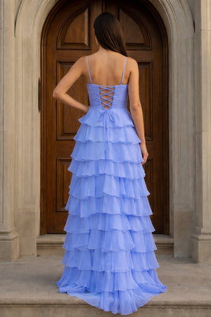 A Line Spaghetti Straps Yellow Long Prom Dress with Ruffles - KissProm