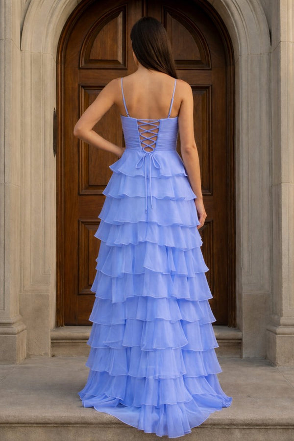 A Line Spaghetti Straps Yellow Long Prom Dress with Ruffles - KissProm