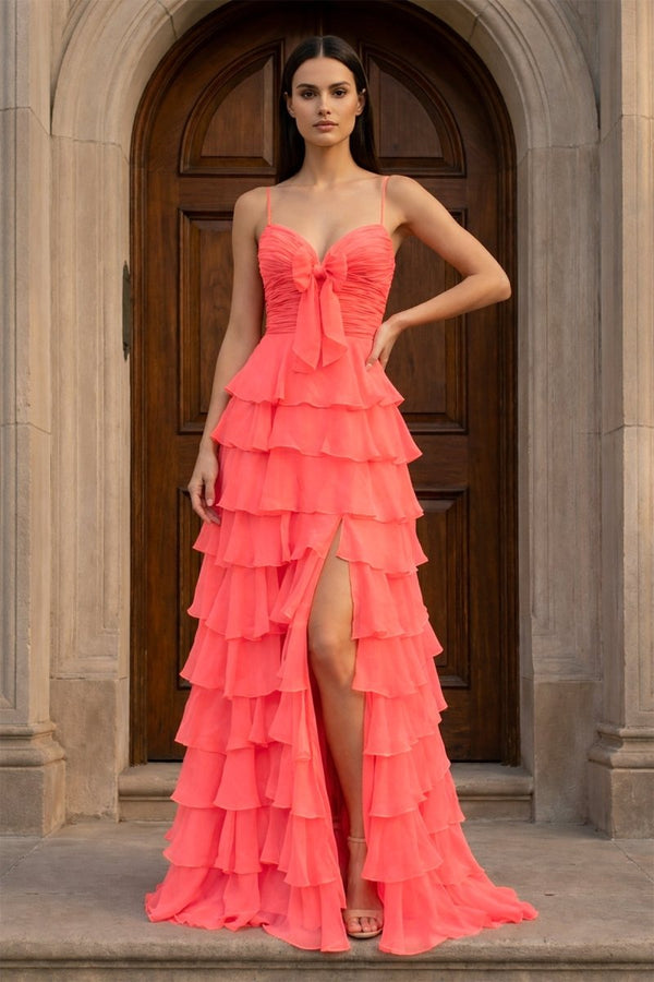 A Line Spaghetti Straps Yellow Long Prom Dress with Ruffles - KissProm