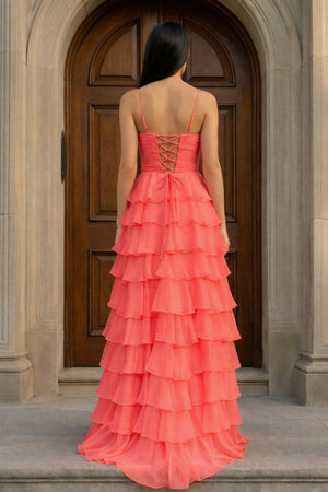 A Line Spaghetti Straps Yellow Long Prom Dress with Ruffles - KissProm