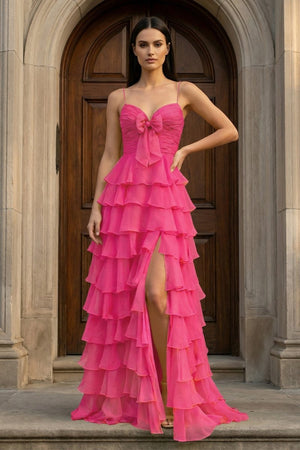 A Line Spaghetti Straps Yellow Long Prom Dress with Ruffles - KissProm