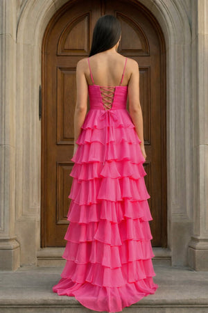 A Line Spaghetti Straps Yellow Long Prom Dress with Ruffles - KissProm