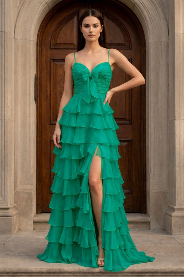 A Line Spaghetti Straps Yellow Long Prom Dress with Ruffles - KissProm