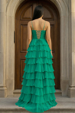 A Line Spaghetti Straps Yellow Long Prom Dress with Ruffles - KissProm