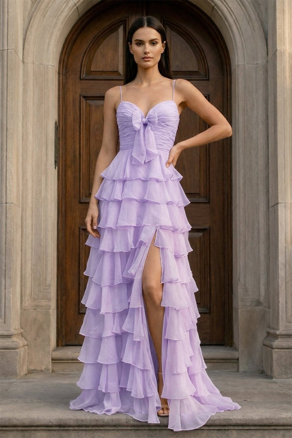 A Line Spaghetti Straps Yellow Long Prom Dress with Ruffles - KissProm
