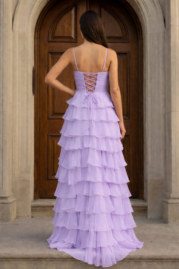 A Line Spaghetti Straps Yellow Long Prom Dress with Ruffles - KissProm