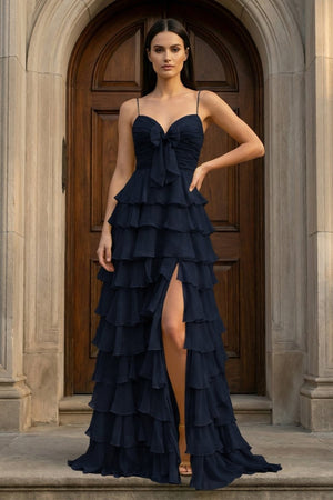 A Line Spaghetti Straps Yellow Long Prom Dress with Ruffles - KissProm