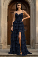 A Line Spaghetti Straps Yellow Long Prom Dress with Ruffles – Prom Dresses by KissProm | Available at KissProm