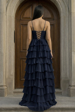 A Line Spaghetti Straps Yellow Long Prom Dress with Ruffles - KissProm