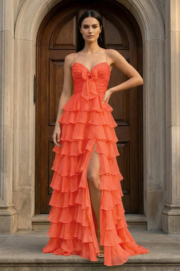 A Line Spaghetti Straps Yellow Long Prom Dress with Ruffles - KissProm