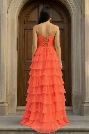 A Line Spaghetti Straps Yellow Long Prom Dress with Ruffles - KissProm