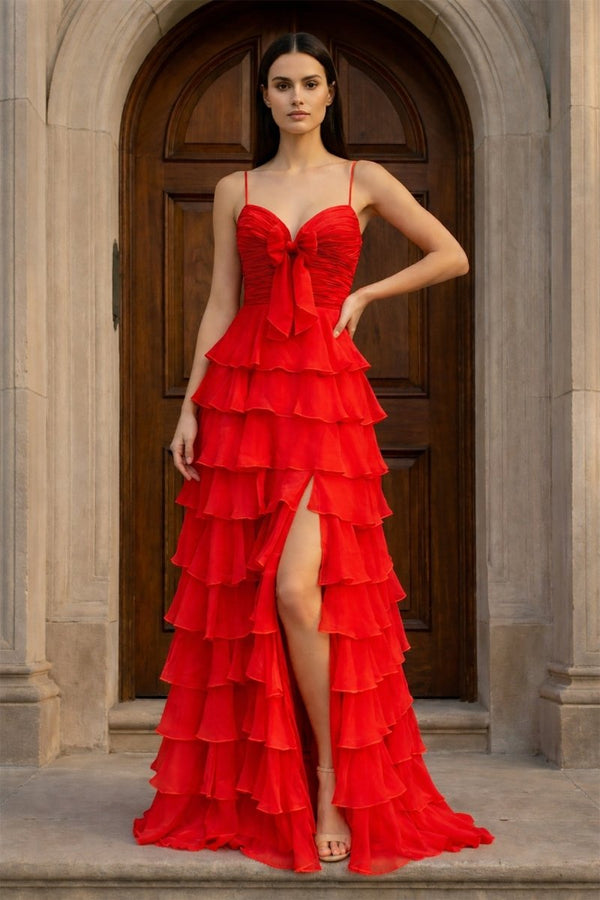 A Line Spaghetti Straps Yellow Long Prom Dress with Ruffles - KissProm