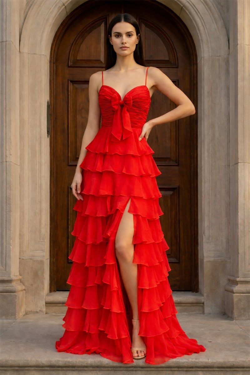 A Line Spaghetti Straps Yellow Long Prom Dress with Ruffles – Prom Dresses by KissProm | Available at KissProm