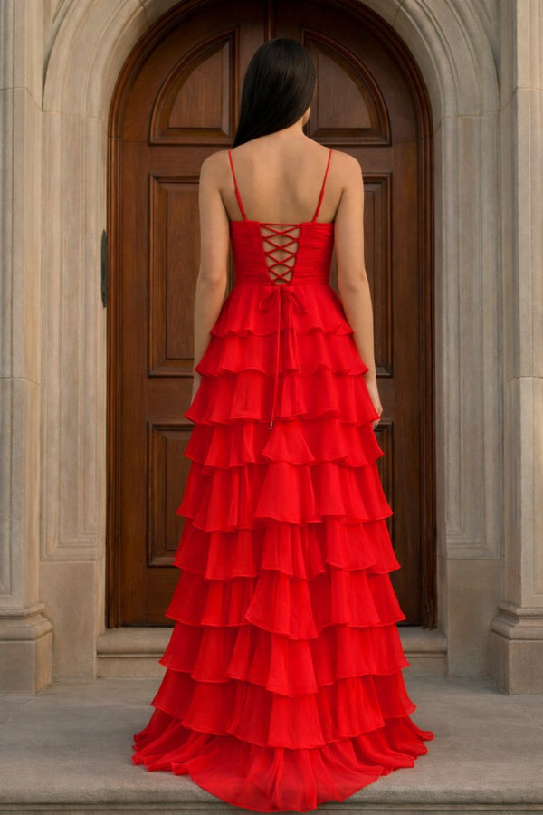 A Line Spaghetti Straps Yellow Long Prom Dress with Ruffles - KissProm