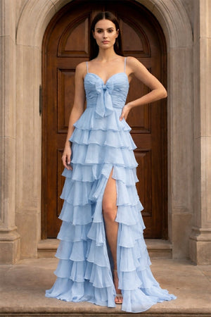 A Line Spaghetti Straps Yellow Long Prom Dress with Ruffles - KissProm