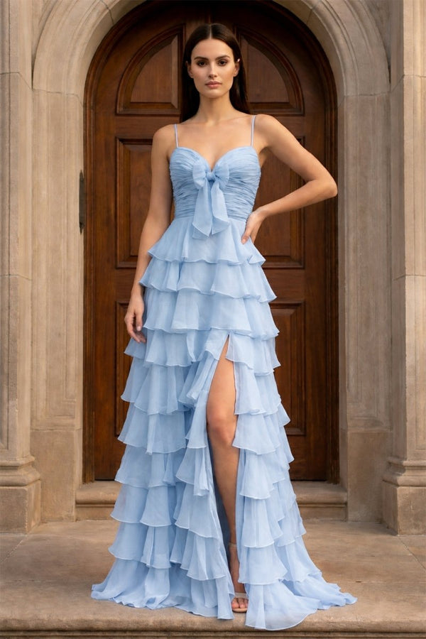 A Line Spaghetti Straps Yellow Long Prom Dress with Ruffles - KissProm