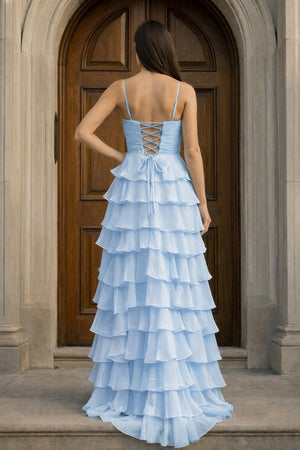 A Line Spaghetti Straps Yellow Long Prom Dress with Ruffles - KissProm