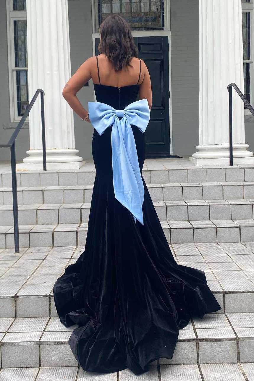 Jesai | Elegant Mermaid V - Neck Spaghetti Straps Velvet Formal Prom Dress with Bow - KissProm