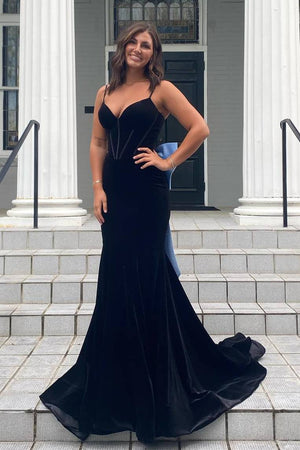 Jesai | Elegant Mermaid V - Neck Spaghetti Straps Velvet Formal Prom Dress with Bow - KissProm