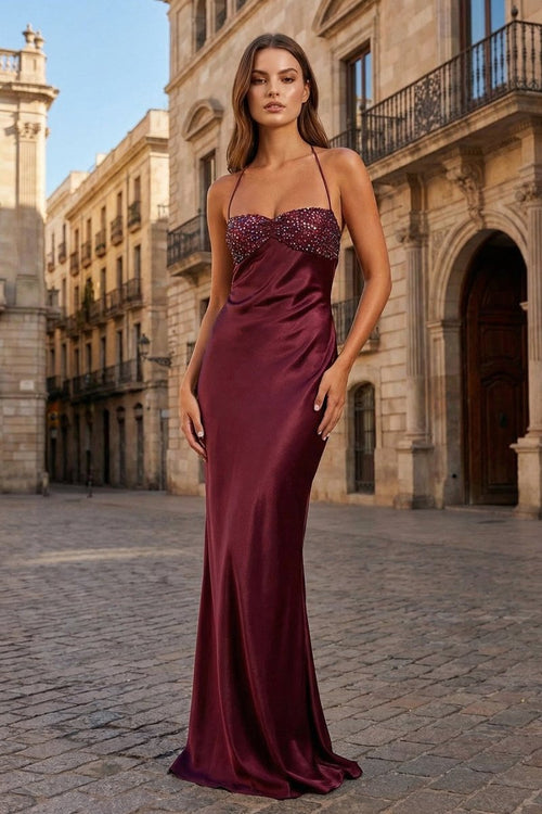 Magenta - Halter Sheath Satin Long Prom Dresses With Sequins - KissProm