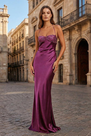 Magenta - Halter Sheath Satin Long Prom Dresses With Sequins - KissProm