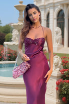 Jesamine | Magenta - Halter Sheath Satin Long Prom Dresses With Sequins - KissProm