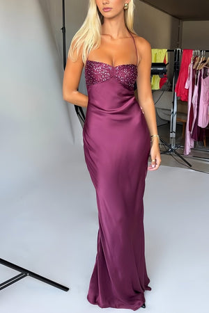 Jesamine | Magenta - Halter Sheath Satin Long Prom Dresses With Sequins - KissProm