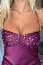 Jesamine | Magenta - Halter Sheath Satin Long Prom Dresses With Sequins - KissProm