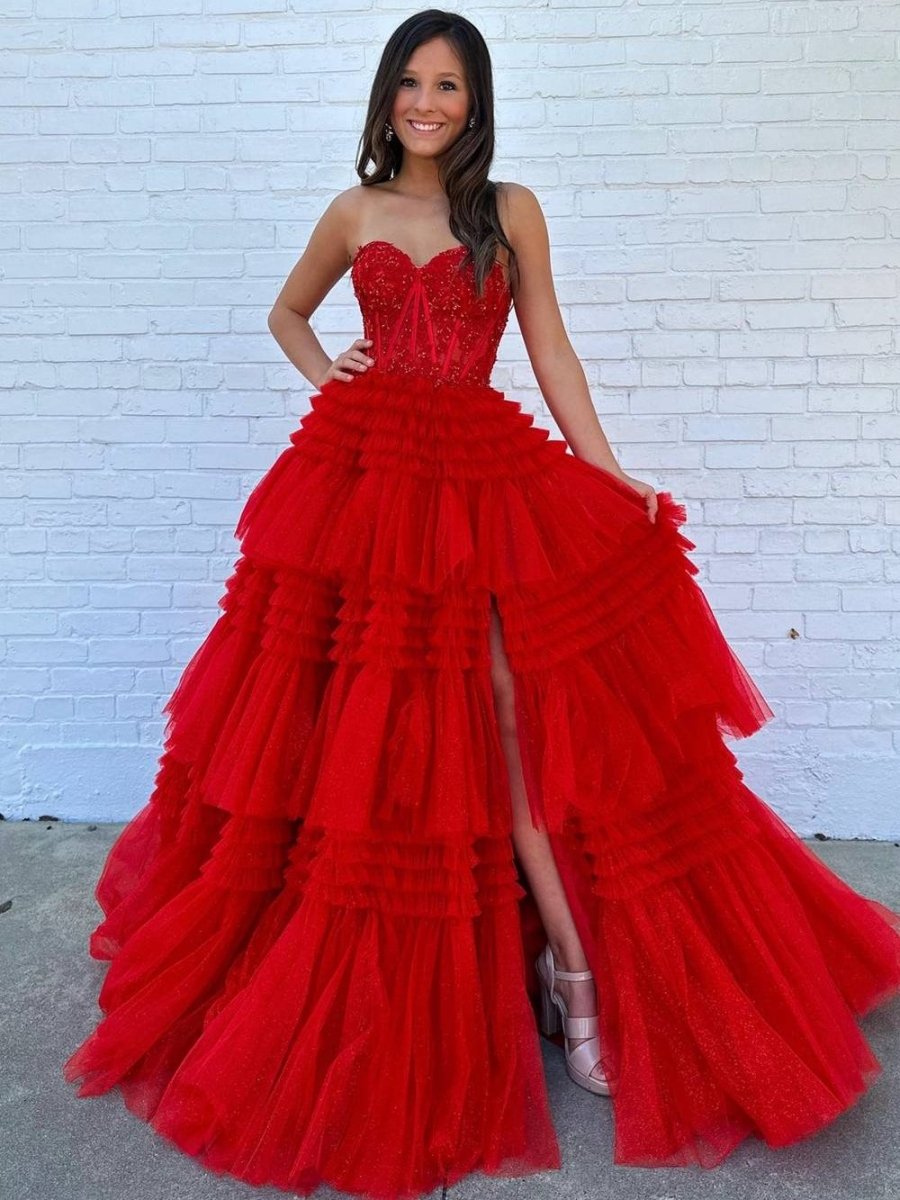 open lace back dress Adelyn Black A-Line Sweetheart Tiered Long Sparkling Tulle Prom Dress Red / 16