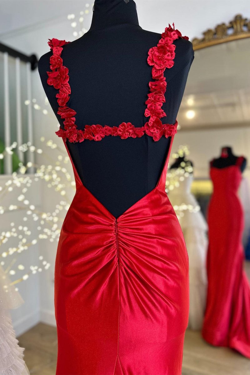 strapless open back dress Black Straps Floral Mermaid Long Prom Dress, Black / 8