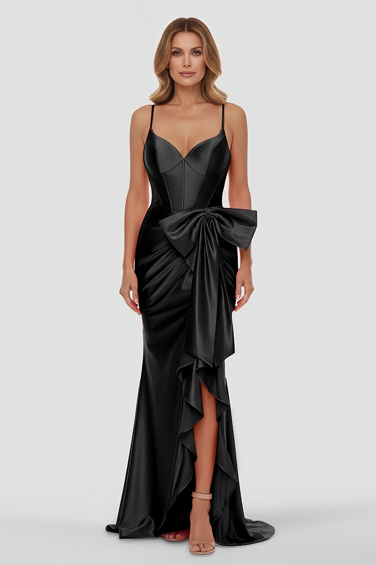 Jianna | Straps V - Neck Satin Mermaid Prom Dress with Bow - KissProm
