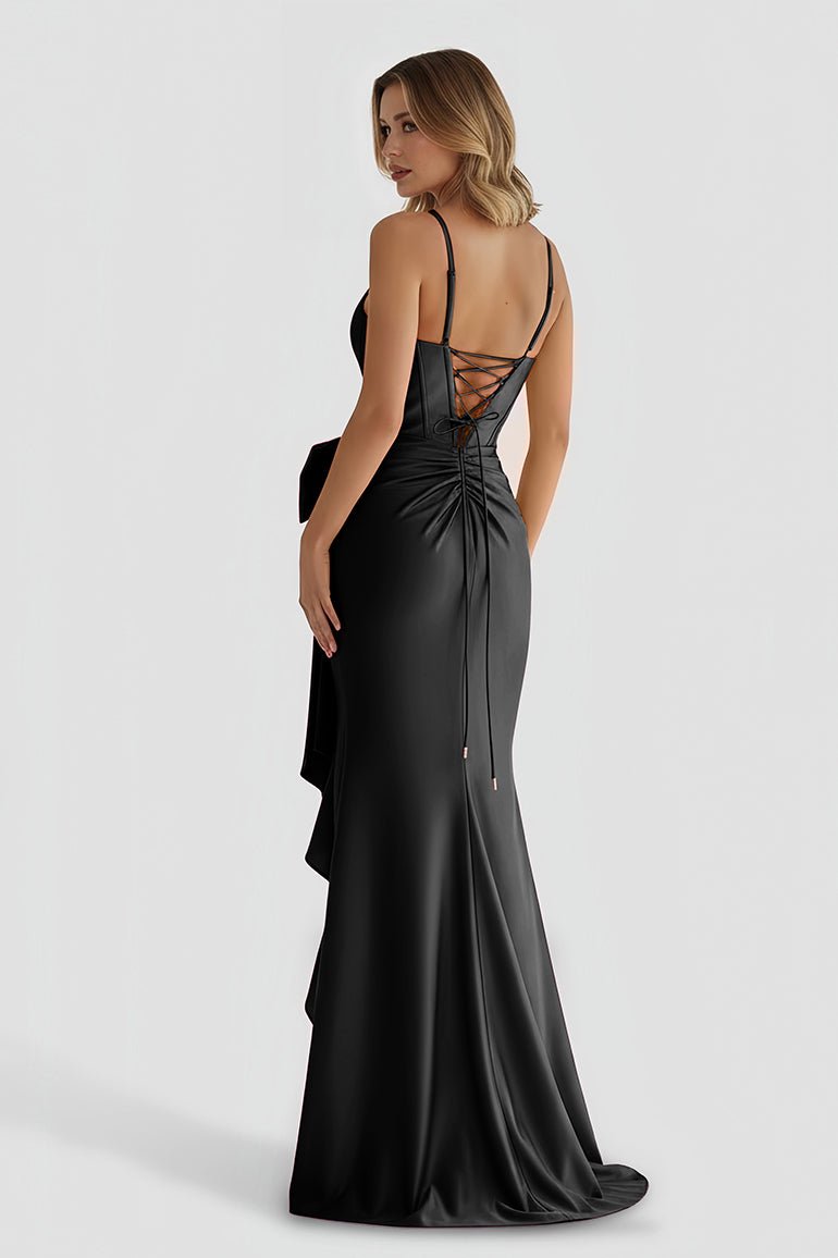 Jianna | Straps V - Neck Satin Mermaid Prom Dress with Bow - KissProm