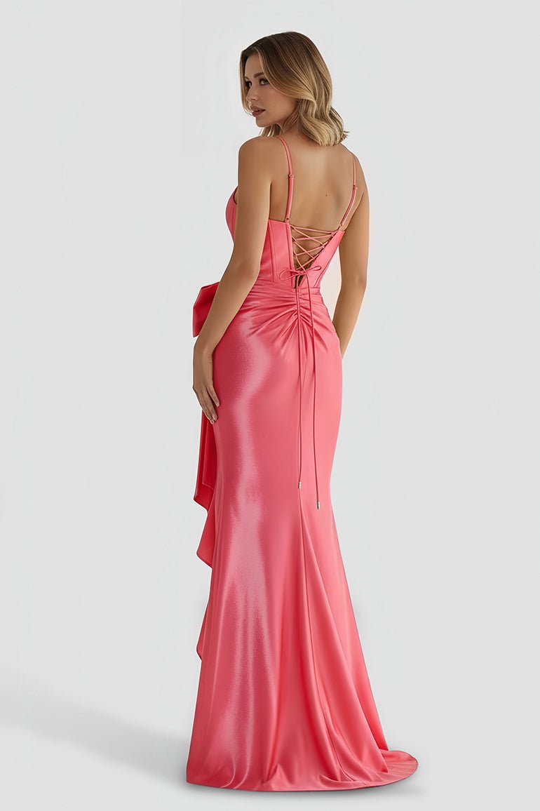 Jianna | Straps V - Neck Satin Mermaid Prom Dress with Bow - KissProm