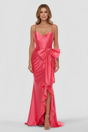 Jianna | Straps V - Neck Satin Mermaid Prom Dress with Bow - KissProm