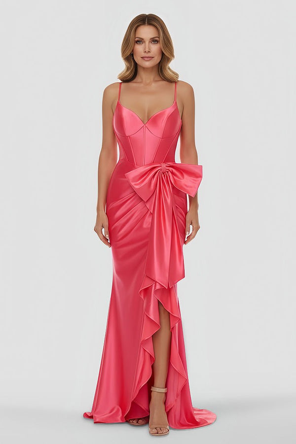Jianna | Straps V - Neck Satin Mermaid Prom Dress with Bow - KissProm