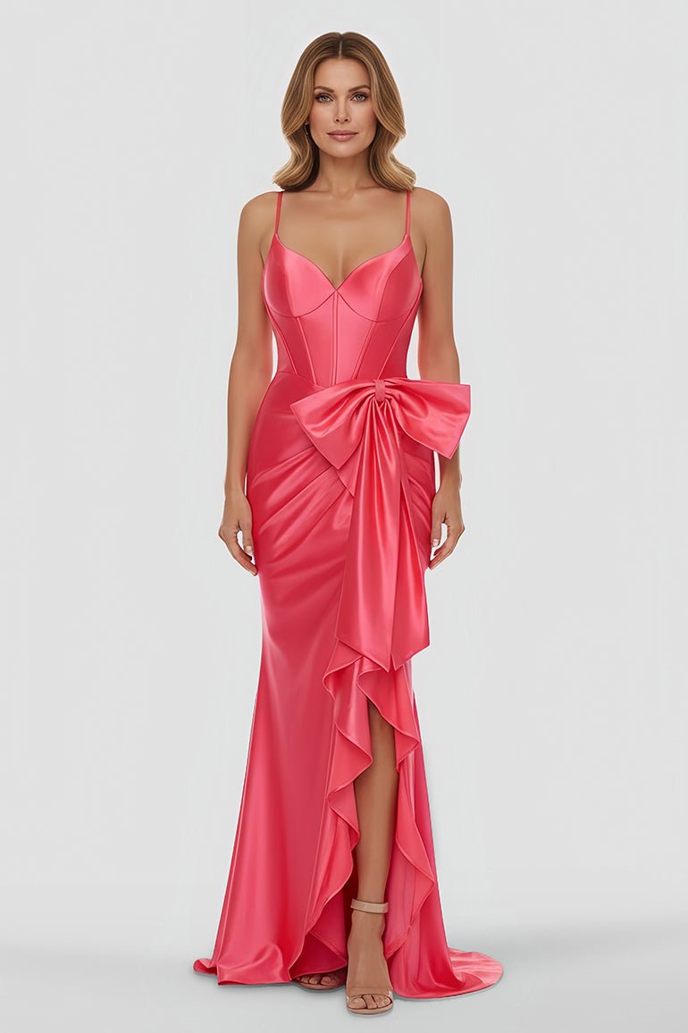Jianna | Straps V - Neck Satin Mermaid Prom Dress with Bow - KissProm