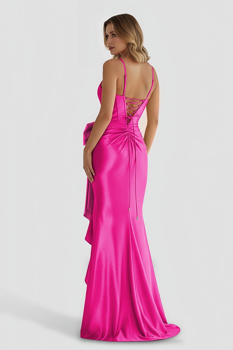 Jianna | Straps V - Neck Satin Mermaid Prom Dress with Bow - KissProm